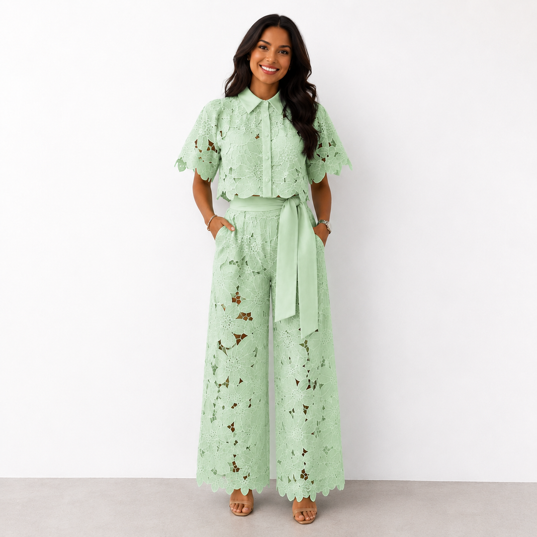 Christina – Floral Lace Wide-Leg Two-Piece Set