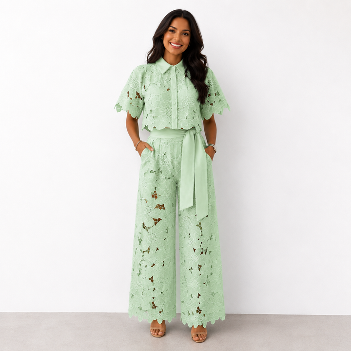 Christina – Floral Lace Wide-Leg Two-Piece Set
