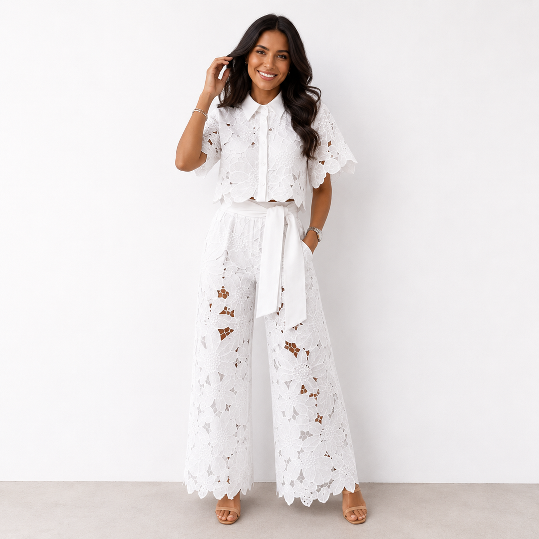 Christina – Floral Lace Wide-Leg Two-Piece Set