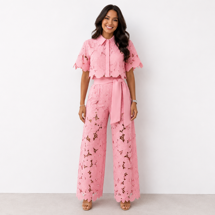 Christina – Floral Lace Wide-Leg Two-Piece Set