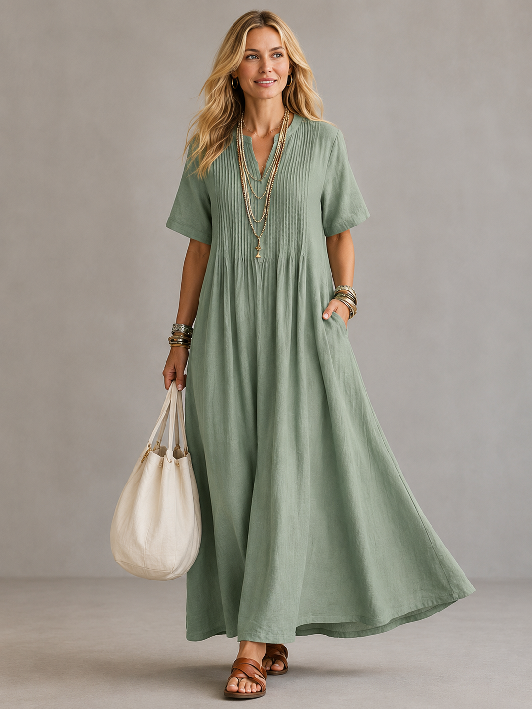 Shannon – Pleated V-Neck Maxi Dress