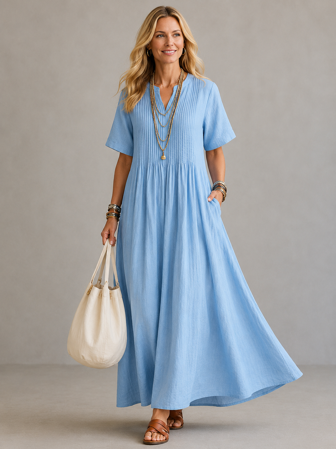 Shannon – Pleated V-Neck Maxi Dress