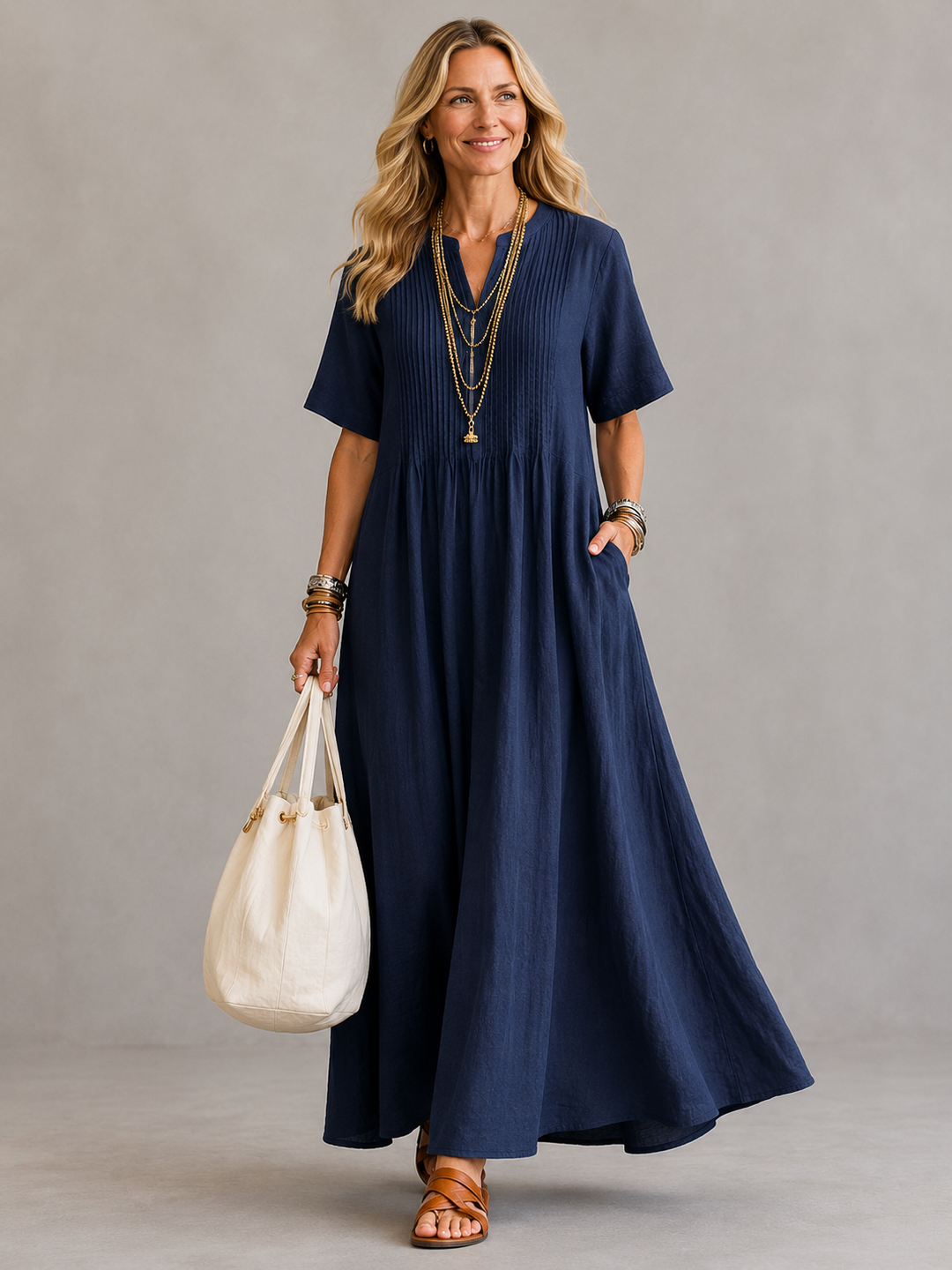 Shannon – Pleated V-Neck Maxi Dress