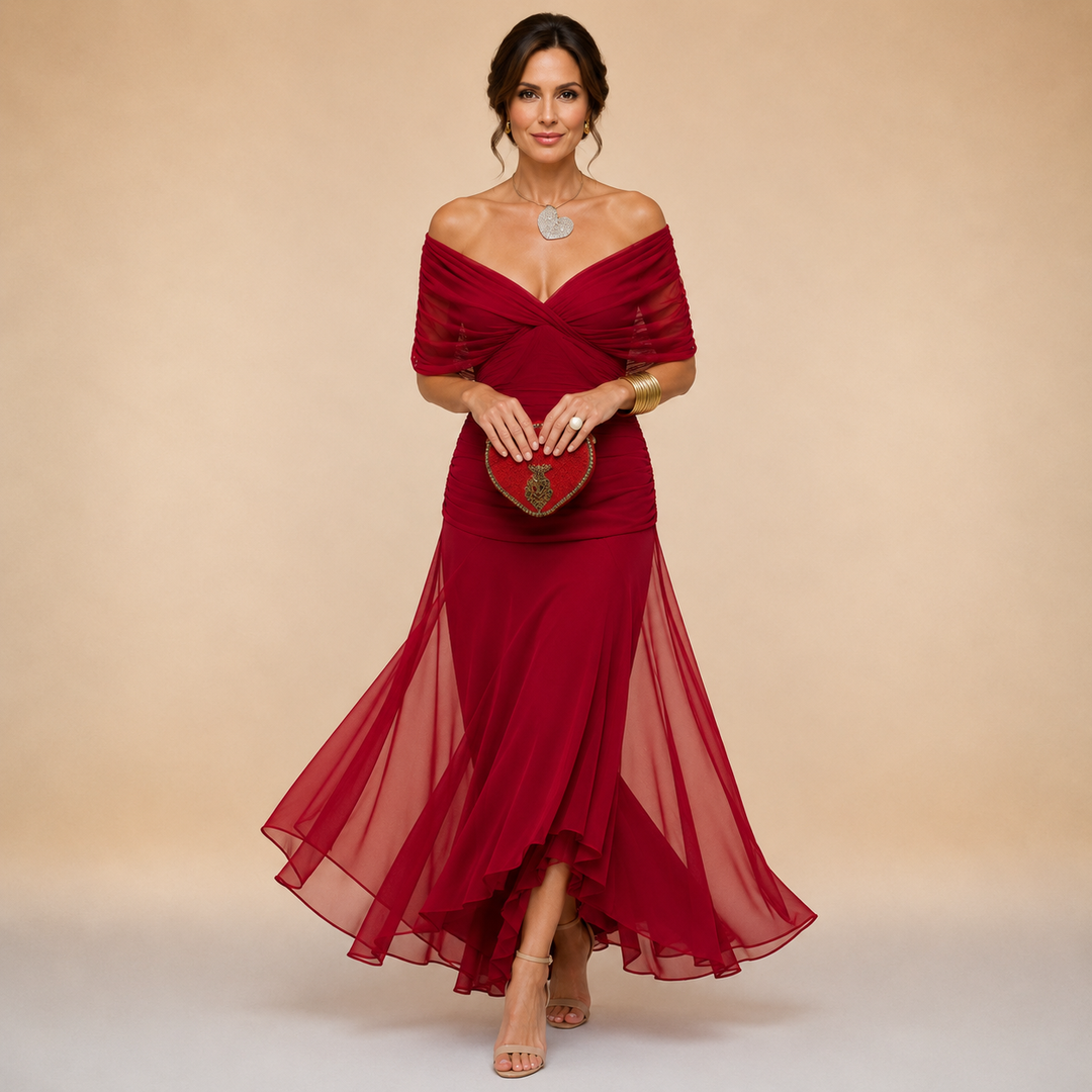 Maureen – Off-Shoulder Chiffon-Look Maxi Dress
