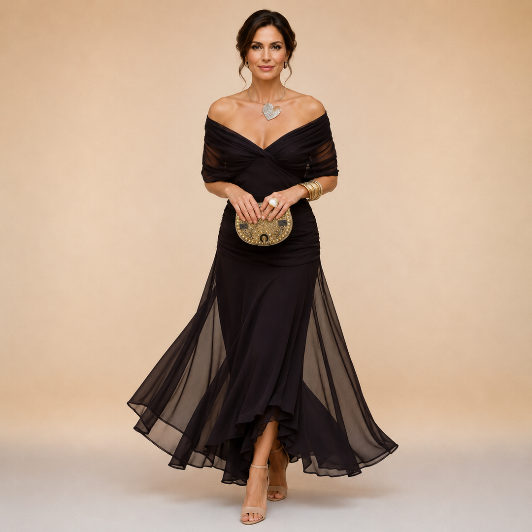 Maureen – Off-Shoulder Chiffon-Look Maxi Dress