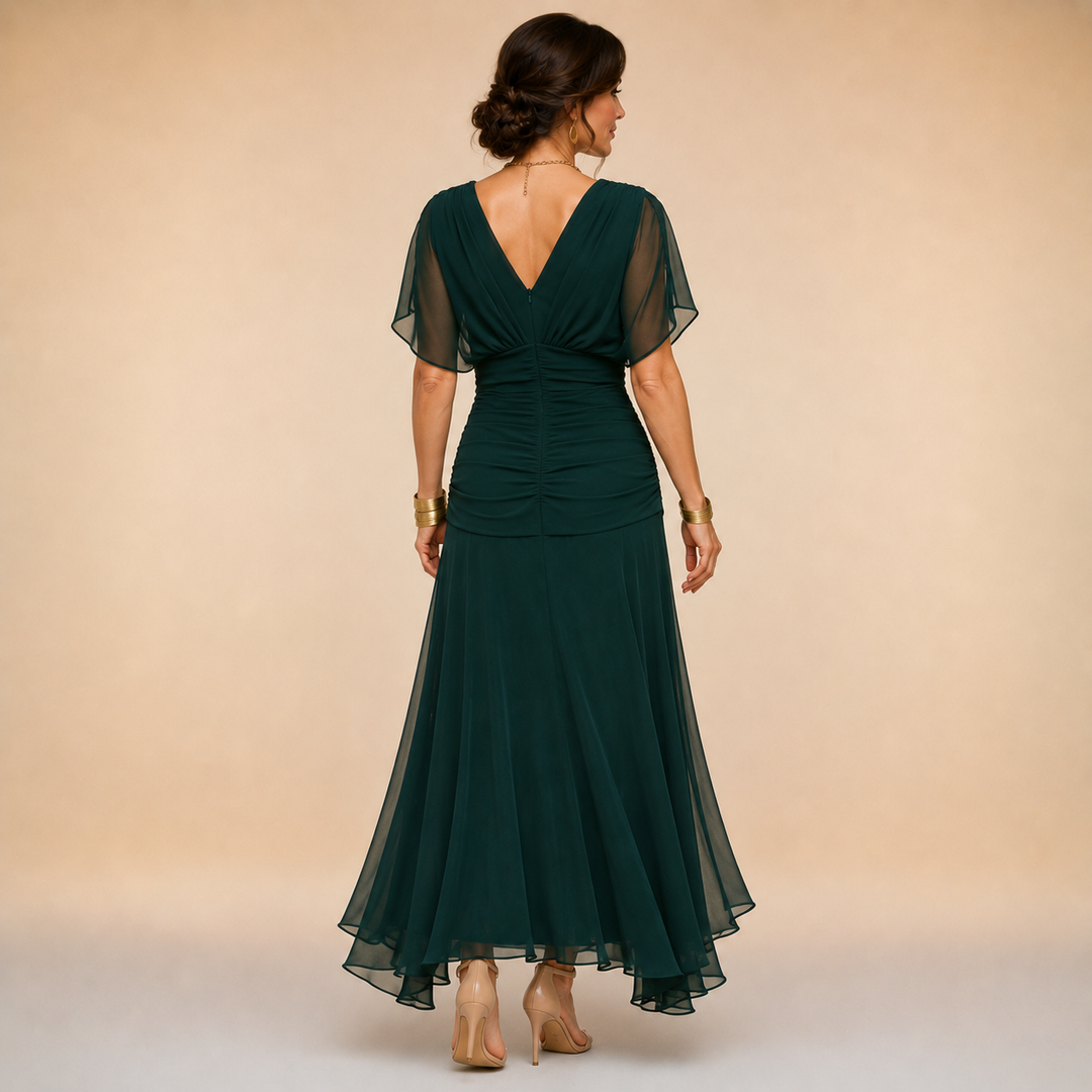 Maureen – Off-Shoulder Chiffon-Look Maxi Dress