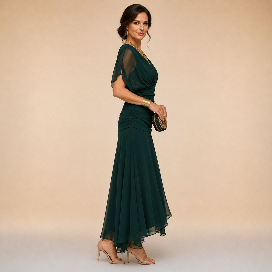 Maureen – Off-Shoulder Chiffon-Look Maxi Dress