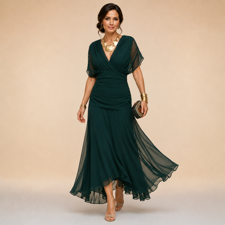Maureen – Off-Shoulder Chiffon-Look Maxi Dress