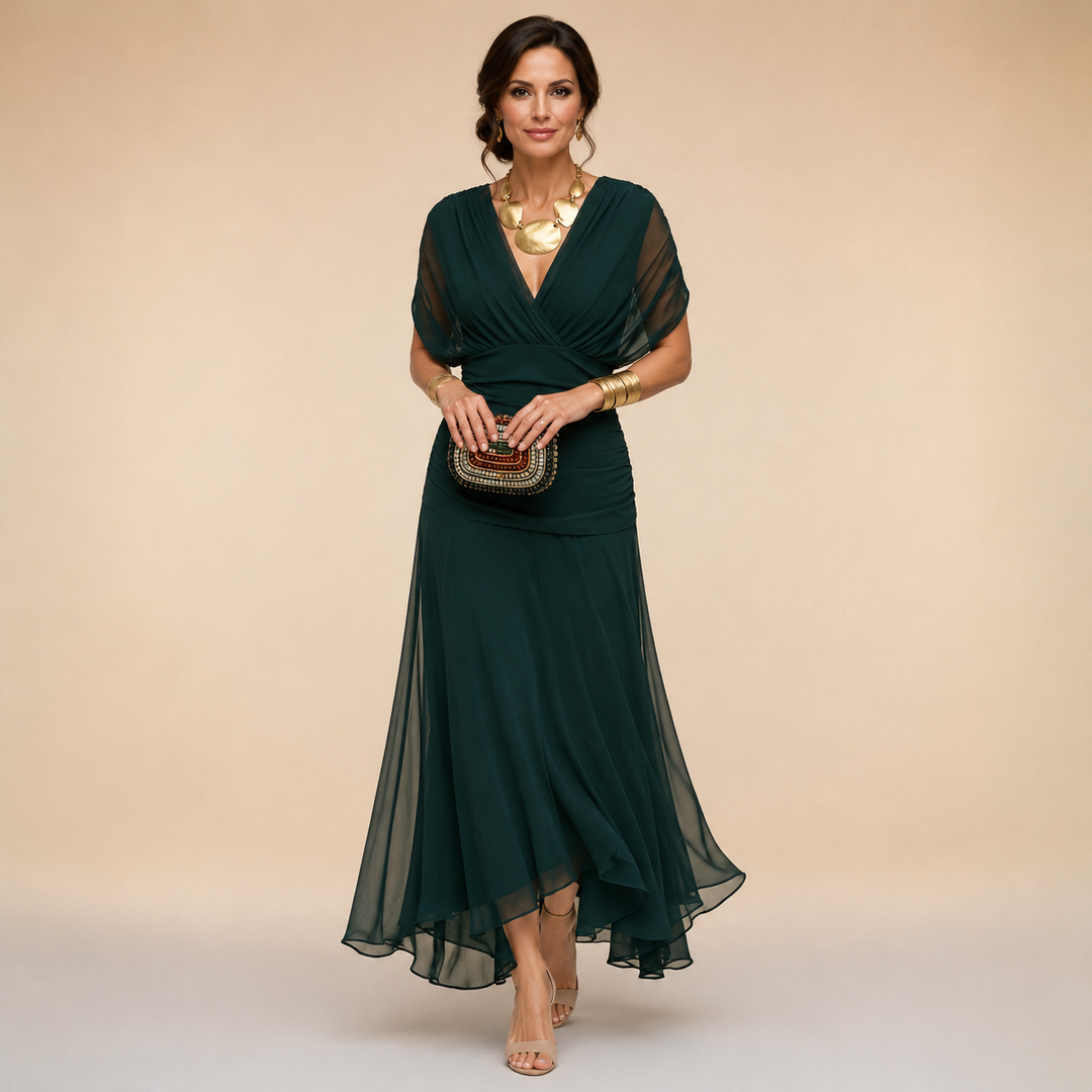 Maureen – Off-Shoulder Chiffon-Look Maxi Dress