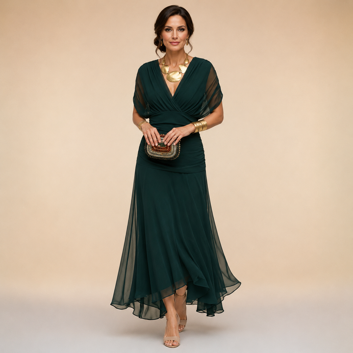 Maureen – Off-Shoulder Chiffon-Look Maxi Dress