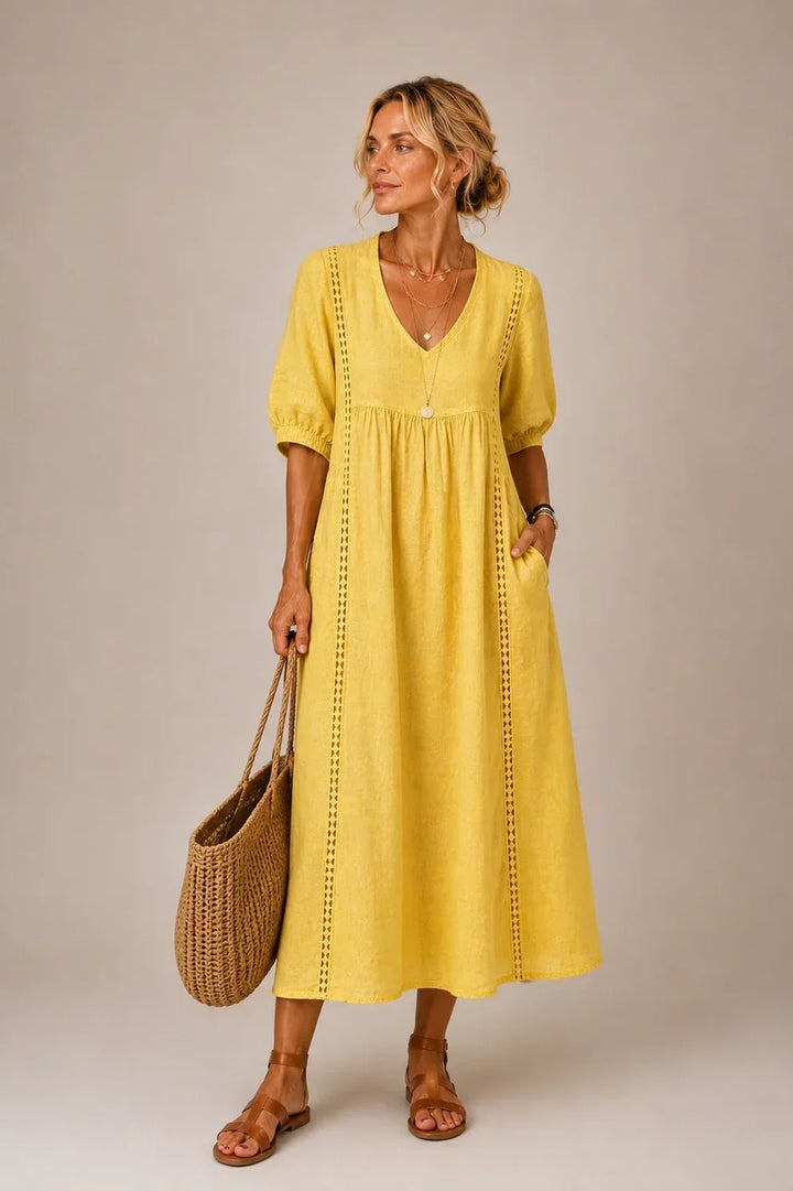Karen – Linen-Look Lace-Trim Midi Dress