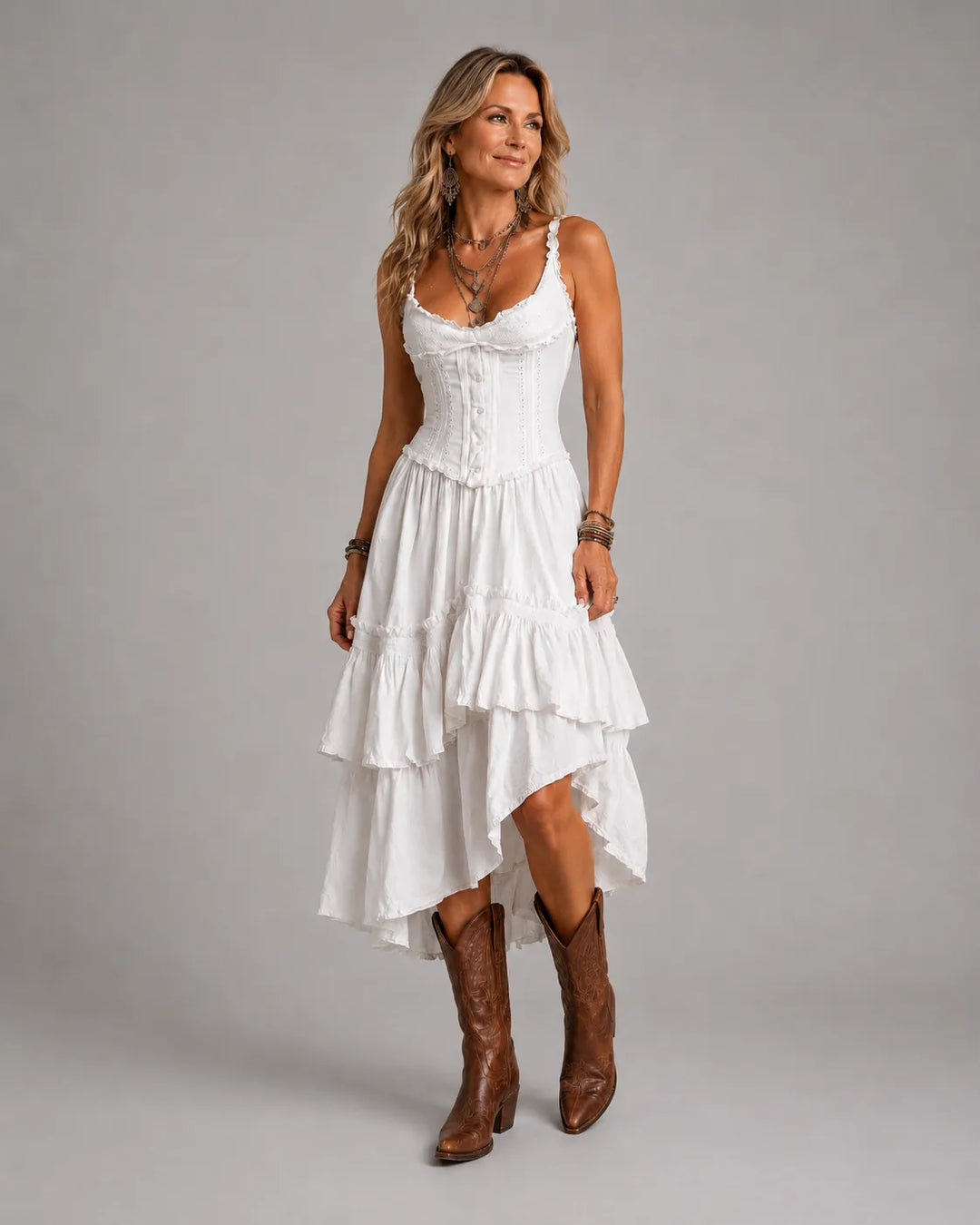 Naomi – Boho Corset Tiered Midi Dress