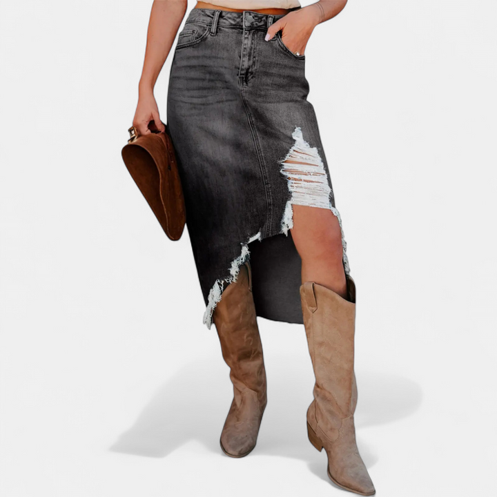Renee – Distressed Denim Midi Skirt