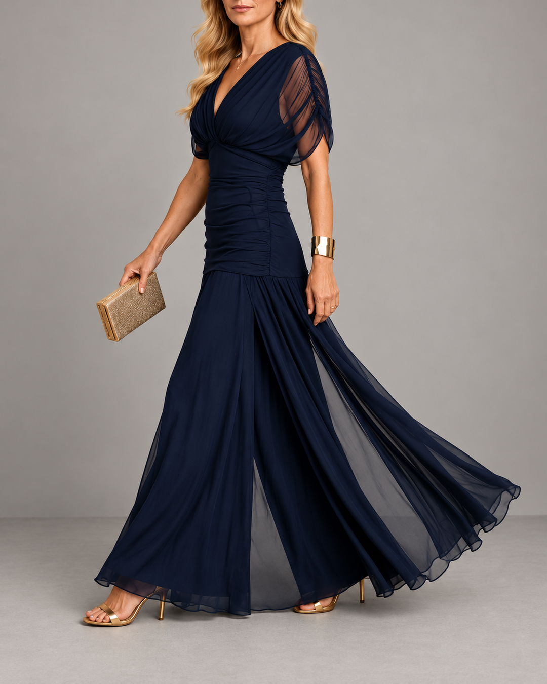 Joanne – Ruched Waist Sheer Sleeve Maxi Gown