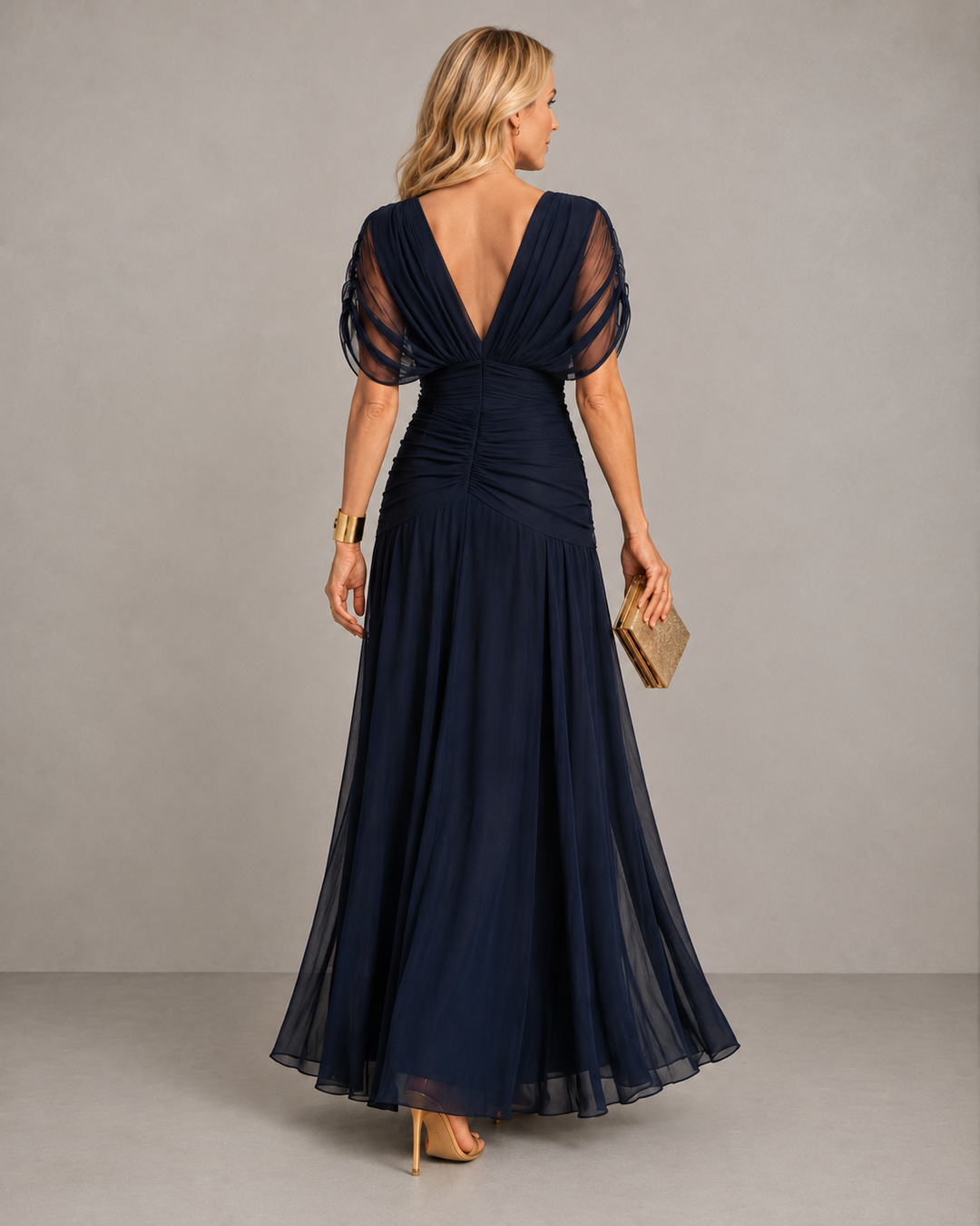 Joanne – Ruched Waist Sheer Sleeve Maxi Gown