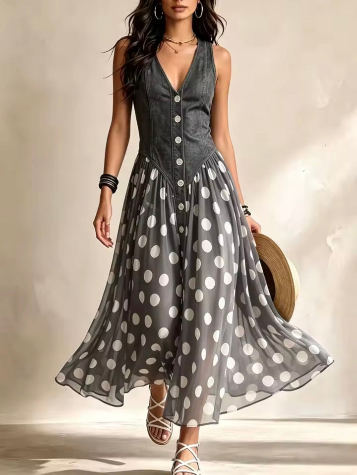 Vicki – Denim Bodice Polka Dot Midi Dress
