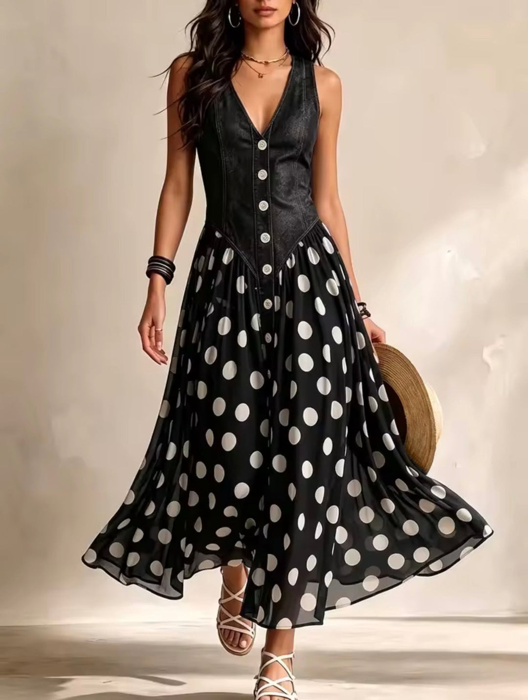 Vicki – Denim Bodice Polka Dot Midi Dress