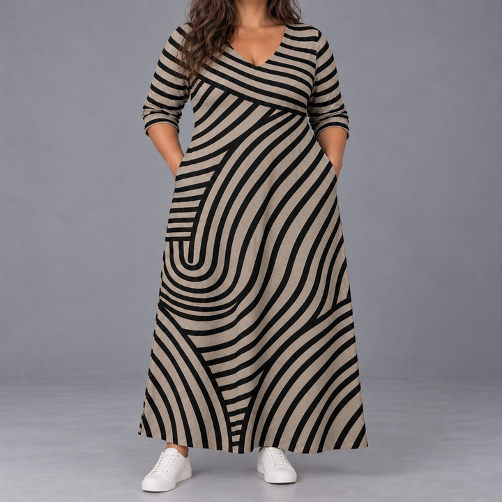Christina – Vintage Wave-Stripe Maxi Dress