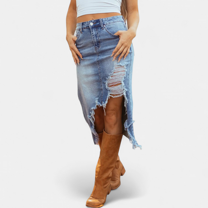 Renee – Distressed Denim Midi Skirt