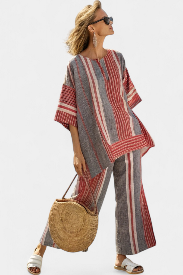Kit | Elegant Coral-Grey Linen Top & Wide-Leg Pants