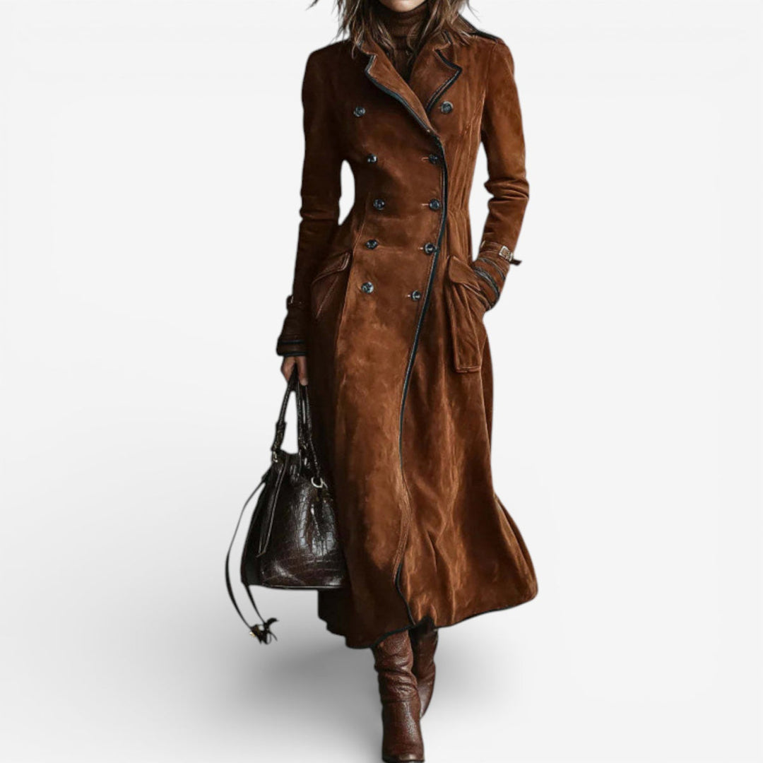 Willa – Double-Breasted Suede-Look Long Coat