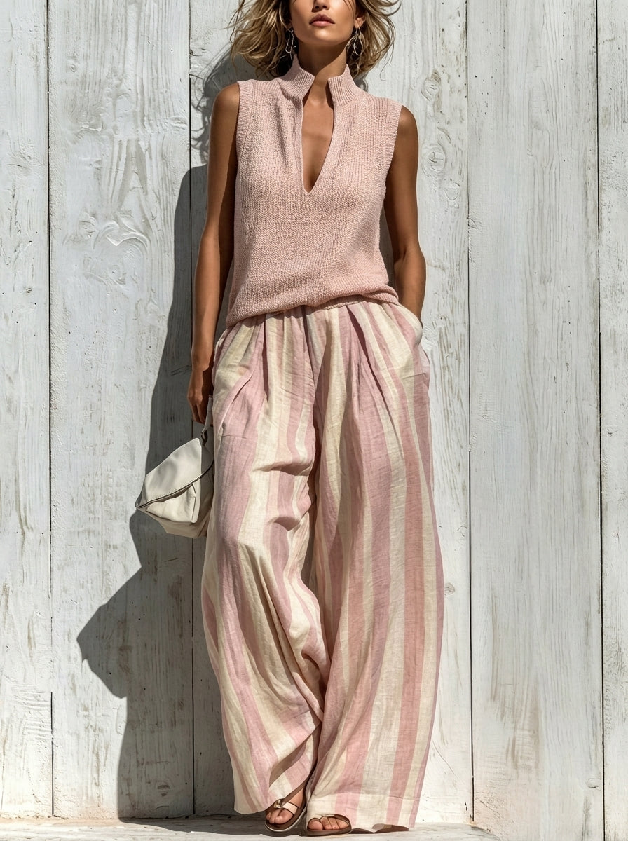 Leonie – Striped Wide-Leg Pants and Knit Top Set