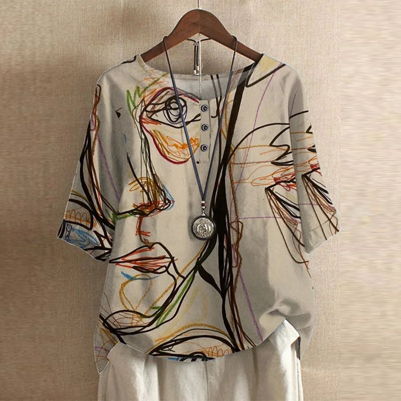 Megan – Retro Floral Button-Neck Blouse