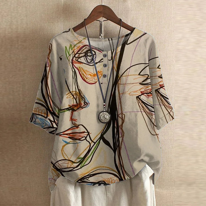 Megan – Retro Floral Button-Neck Blouse