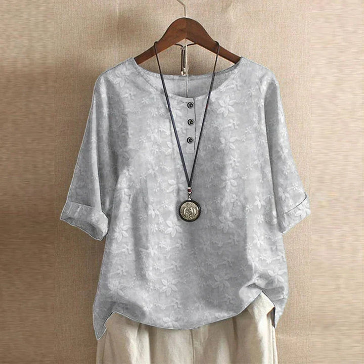 Megan – Retro Floral Button-Neck Blouse