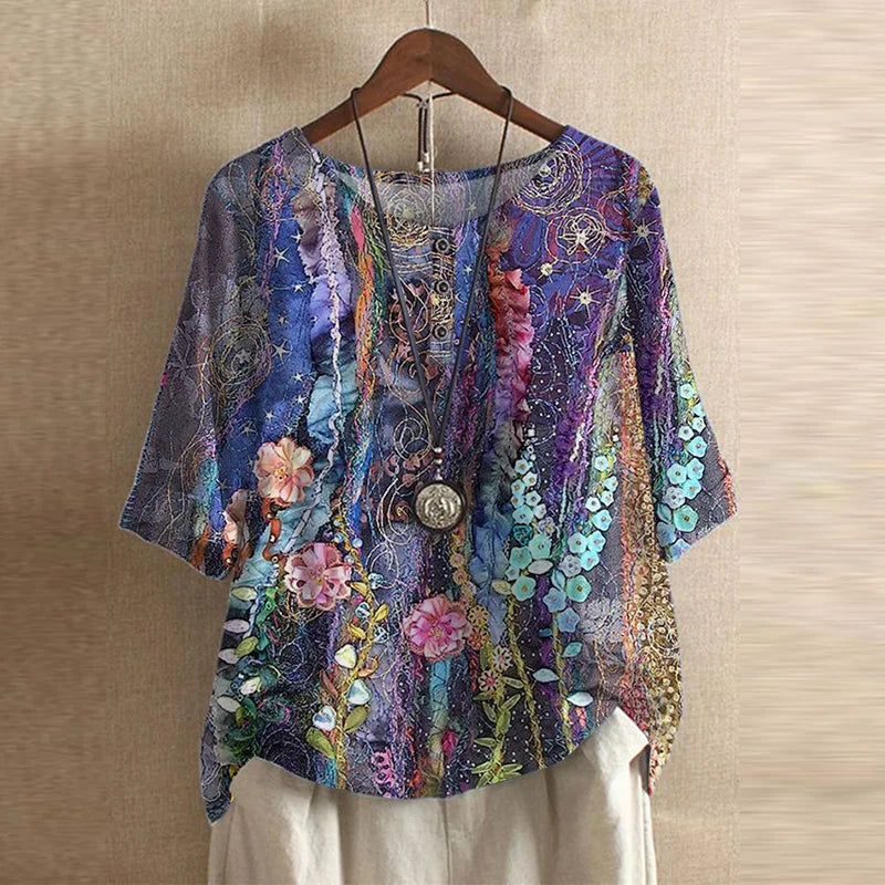 Megan – Retro Floral Button-Neck Blouse