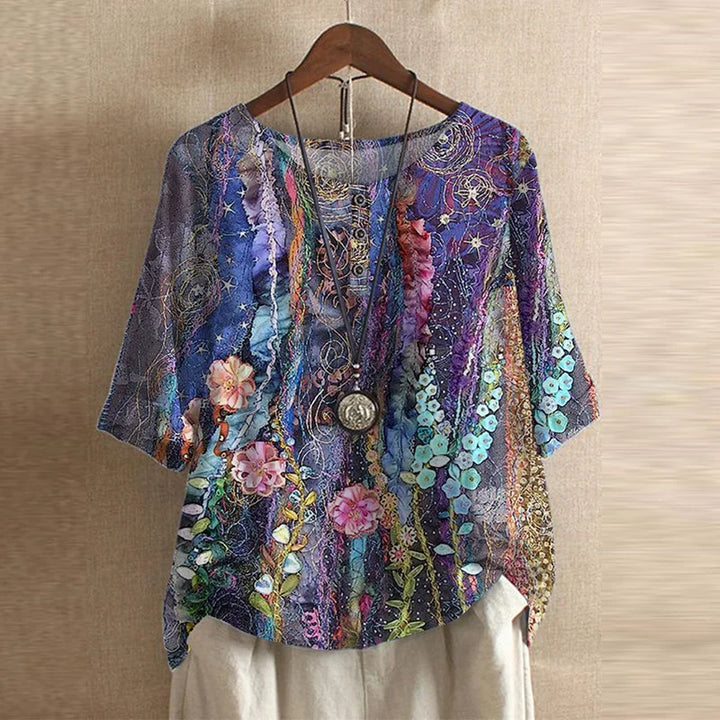 Megan – Retro Floral Button-Neck Blouse
