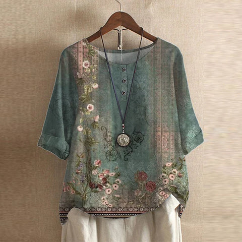 Megan – Retro Floral Button-Neck Blouse