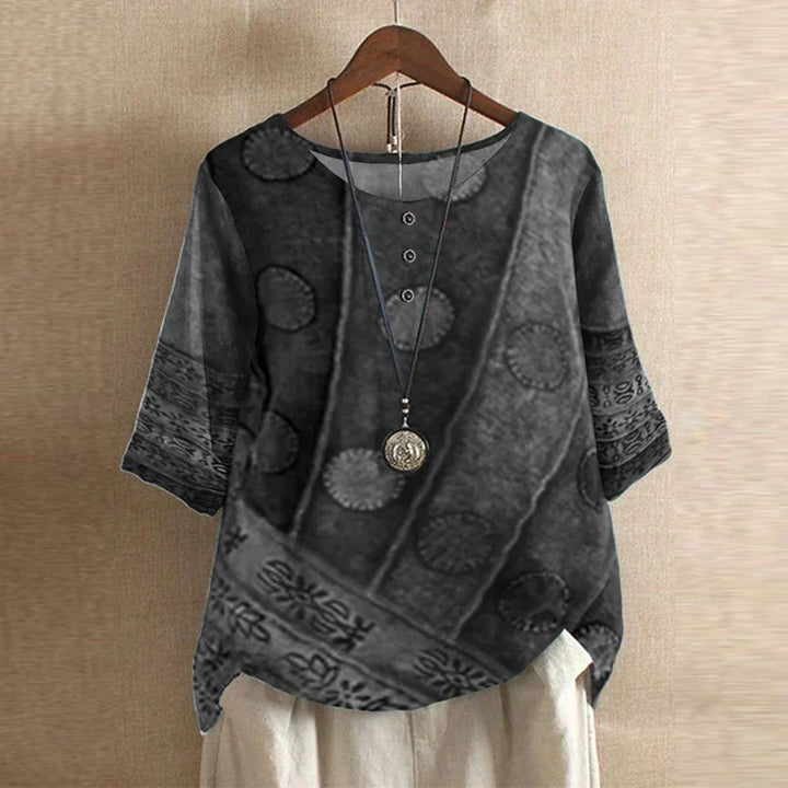Megan – Retro Floral Button-Neck Blouse