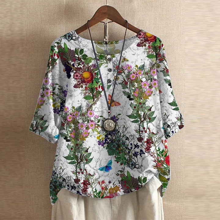 Megan – Retro Floral Button-Neck Blouse