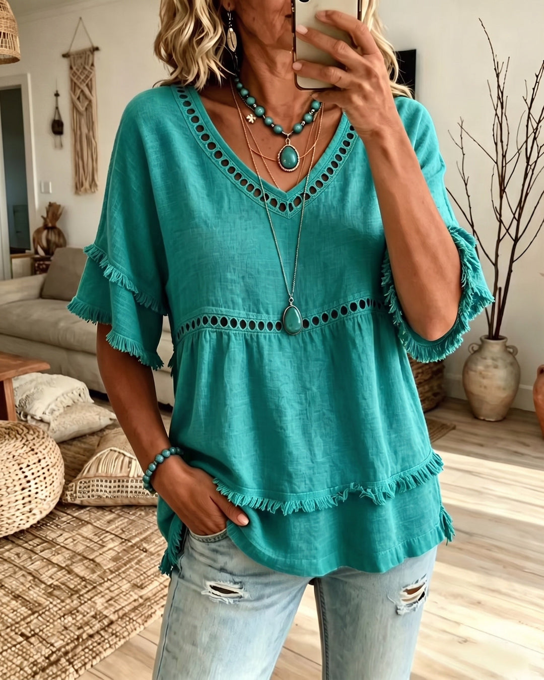 Marie – Boho Frill Trim V-Neck Blouse
