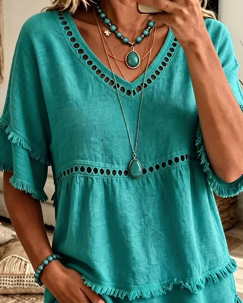 Marie – Boho Frill Trim V-Neck Blouse