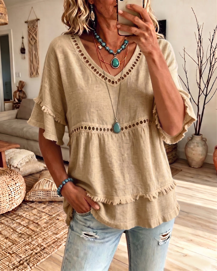 Marie – Boho Frill Trim V-Neck Blouse