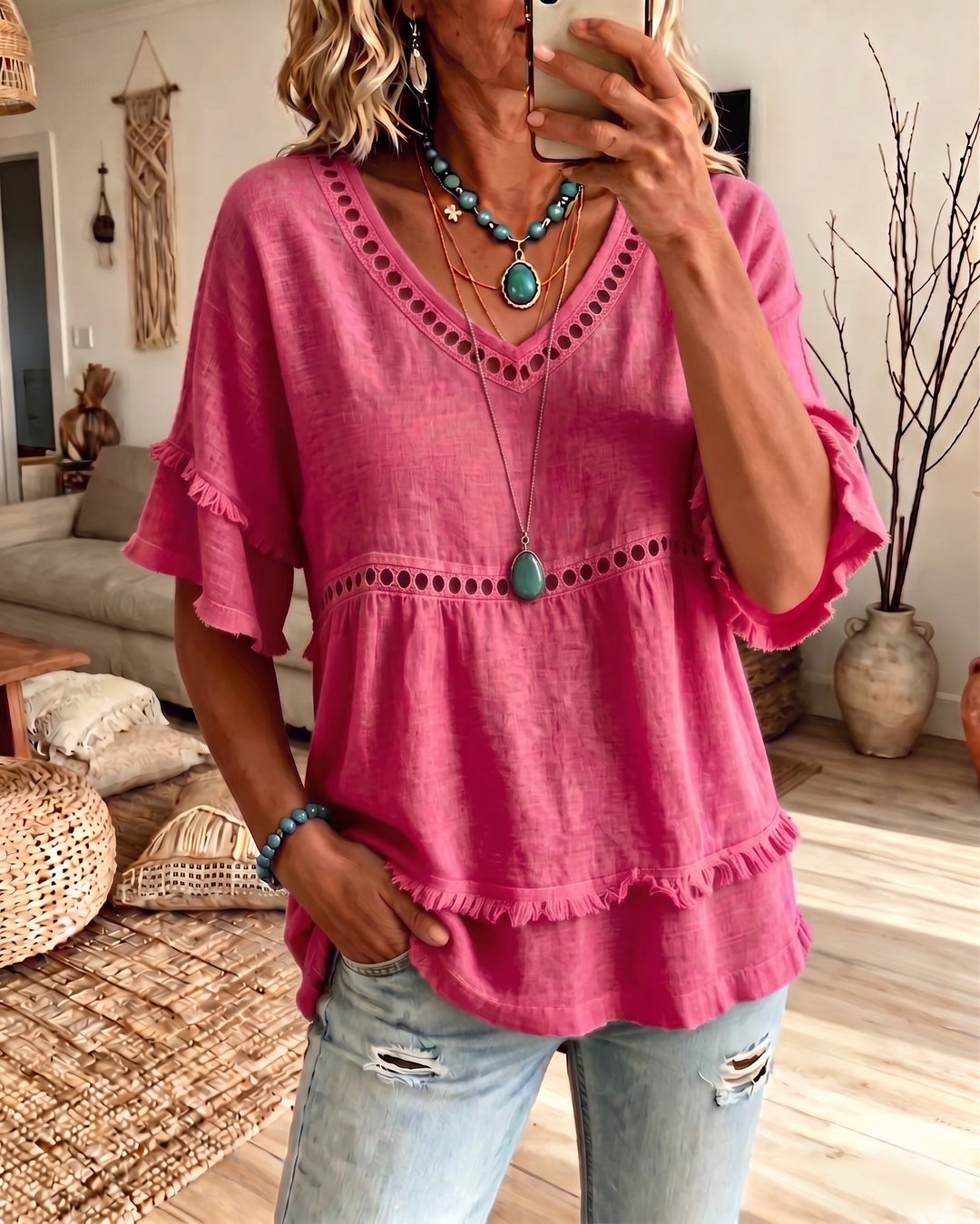 Marie – Boho Frill Trim V-Neck Blouse