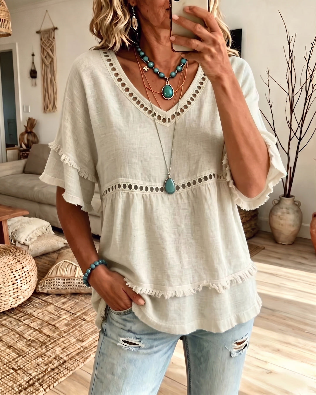 Marie – Boho Frill Trim V-Neck Blouse
