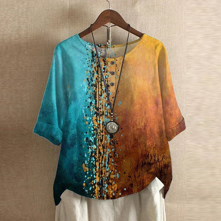 Megan – Retro Floral Button-Neck Blouse