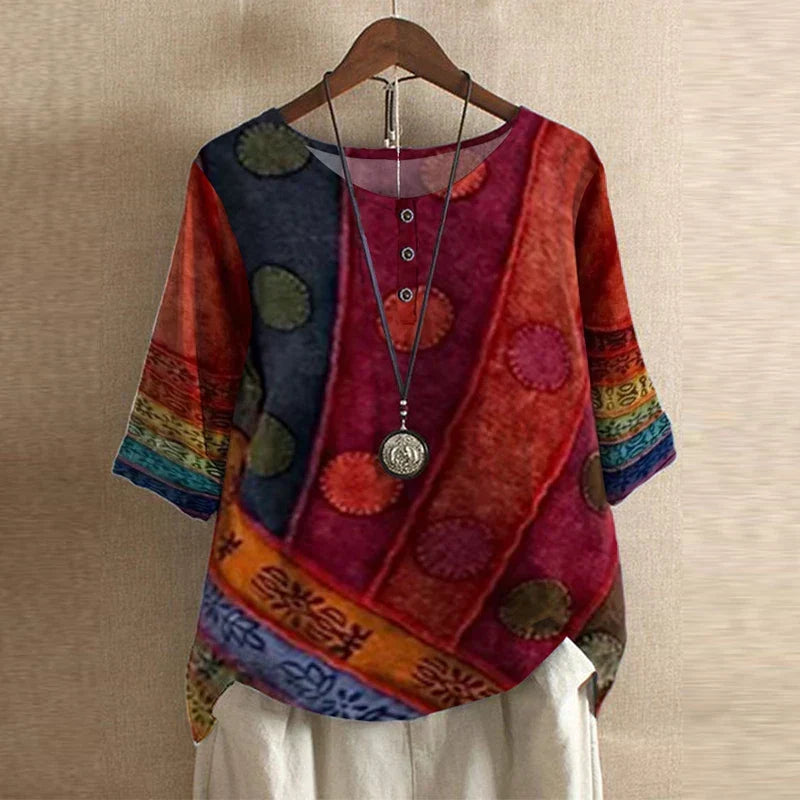 Megan – Retro Floral Button-Neck Blouse
