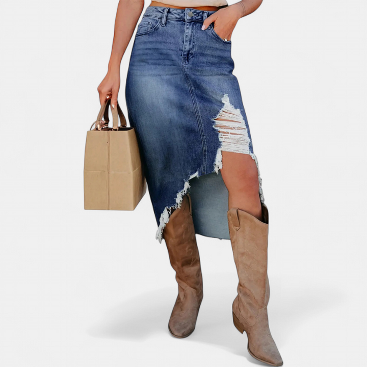 Renee – Distressed Denim Midi Skirt