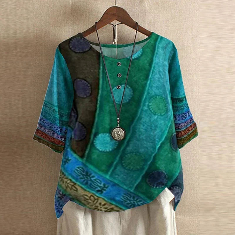 Megan – Retro Floral Button-Neck Blouse