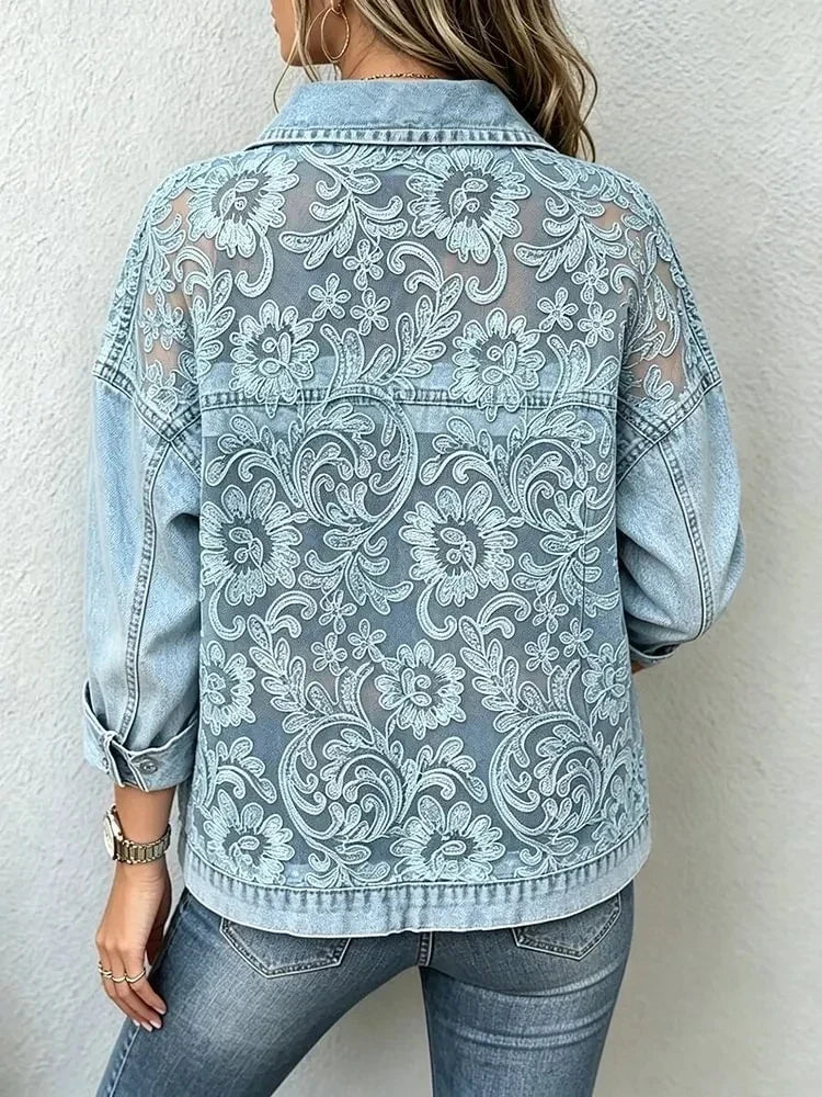 Rachael – Floral Lace Panel Denim Jacket