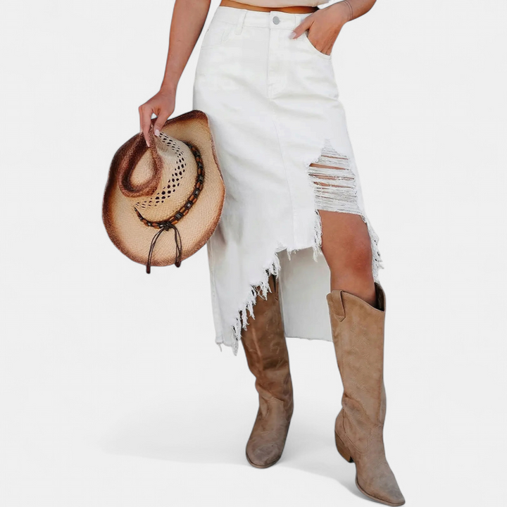 Renee – Distressed Denim Midi Skirt