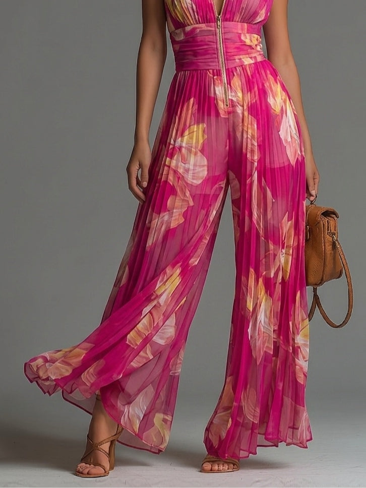 Sally – Floral Pleated Wide-Leg Jumpsuit