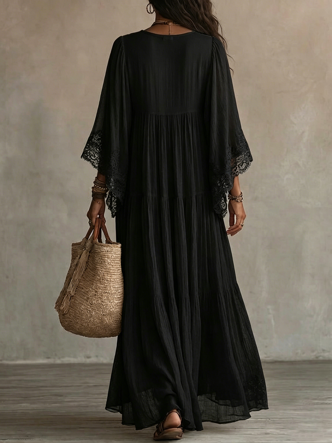 Alexandra – Lace-Trim Boho Maxi Dress