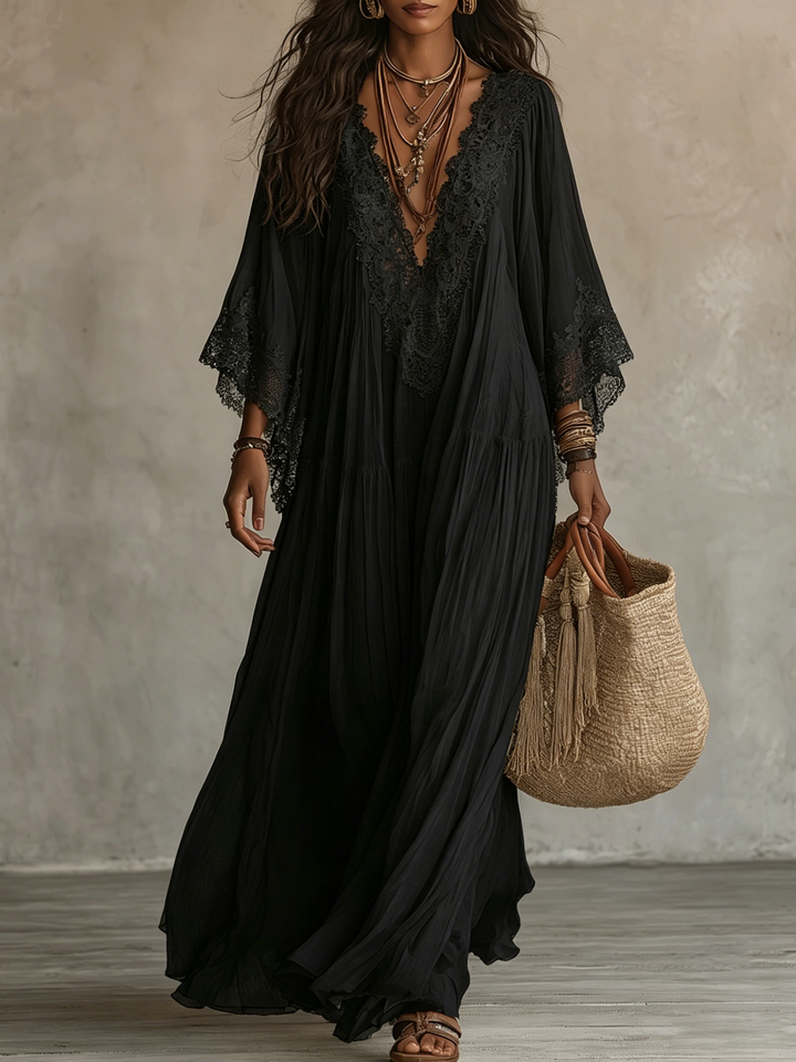 Alexandra – Lace-Trim Boho Maxi Dress