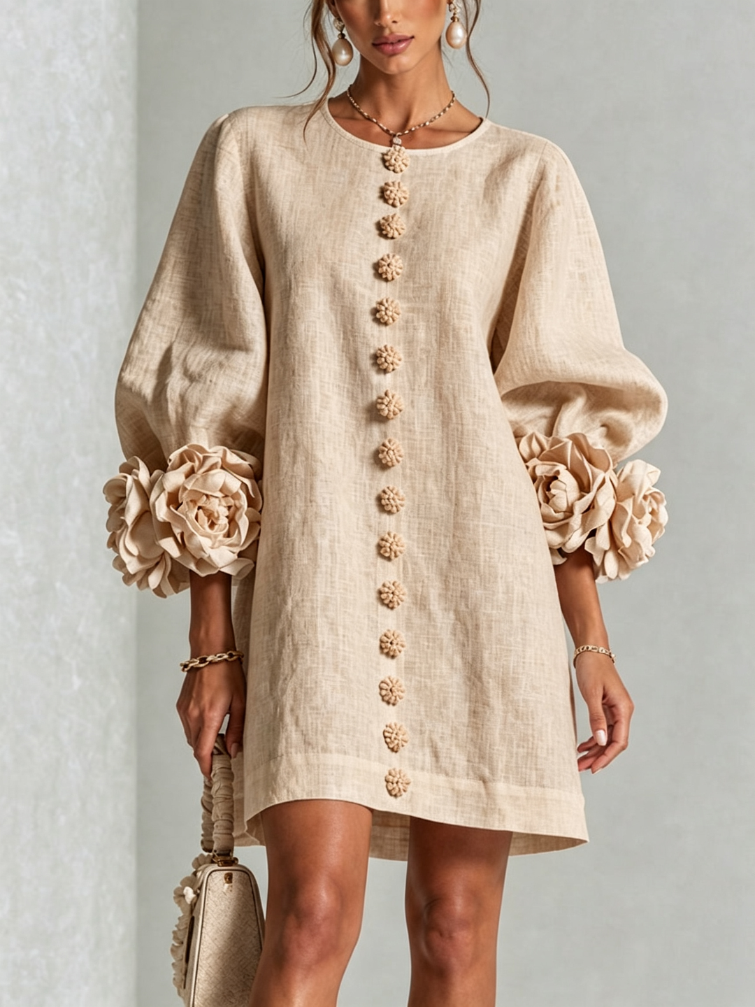Teresa – Floral Cuff Button-Front Mini Dress