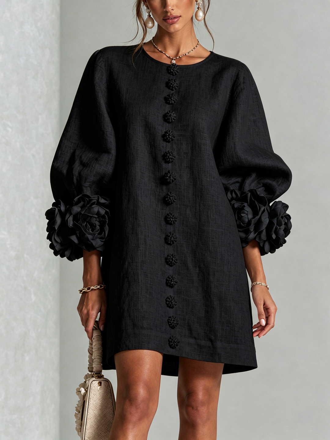 Teresa – Floral Cuff Button-Front Mini Dress